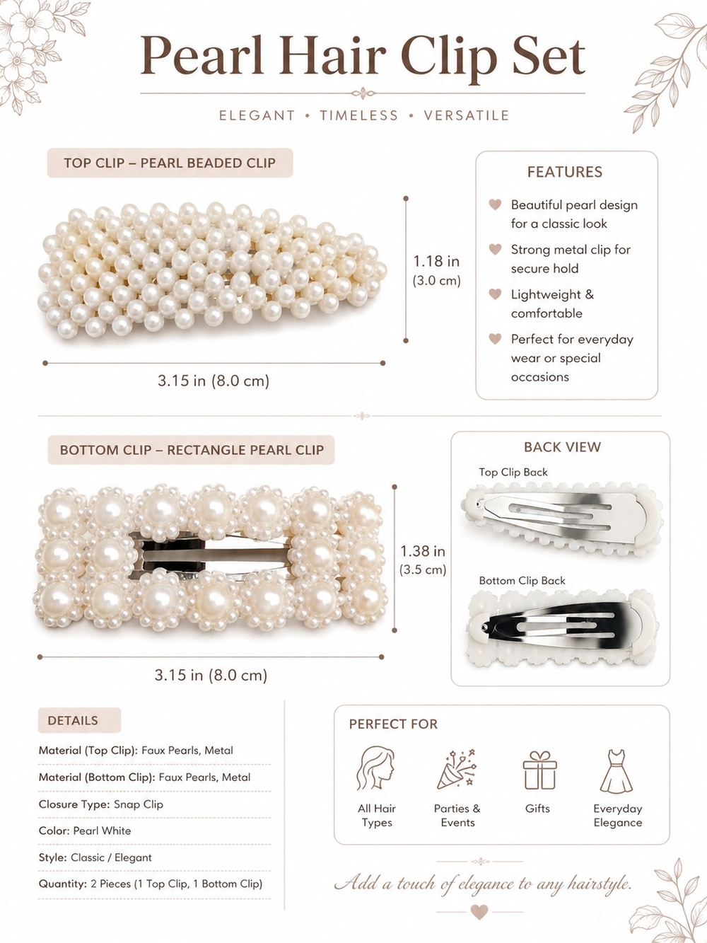 Pearl Hair Clip Set Cream - Picture 4 of 4